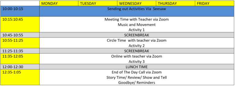 Kindergarten 1 schedule